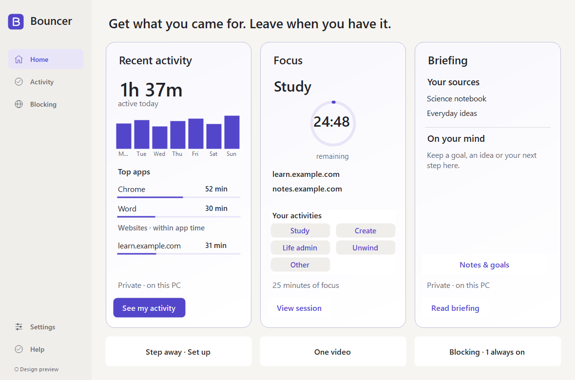 Bouncer Home showing activity, a Study focus timer, and a personal briefing with fictional demo data.
